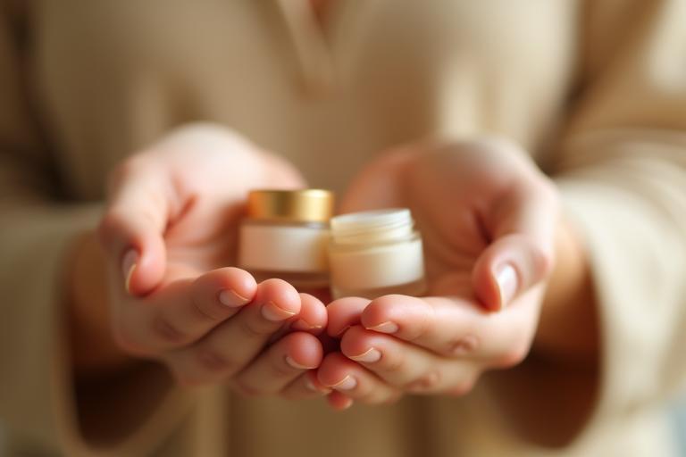 Hands holding small cosmetic jars, symbolizing care and attention.